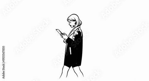 Stylized illustration of a woman in a coat, looking at her phone