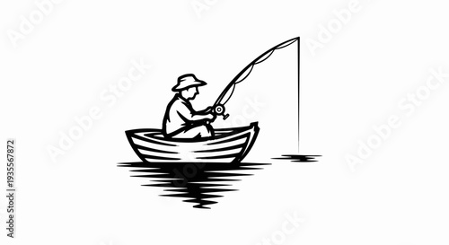 A person fishes from a small boat, casting a line into the water