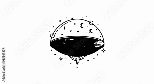 Stylized depiction of a flat-earth concept with celestial bodies above