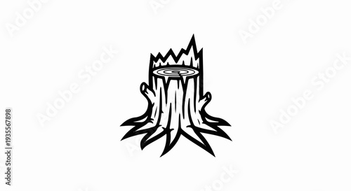 Stylized black and white illustration of a weathered tree stump