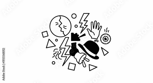 Abstract collage of line drawings moon, lightning, hand, eye, hat, bell, shapes