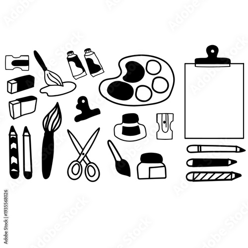 Black and White Art Supplies Icon Set – Hand Drawn Doodle Vector Collection