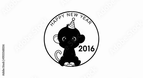 A playful black monkey wearing a party hat celebrates the new year 2016