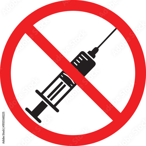 Prohibition sign featuring a syringe inside a red circle with a diagonal line through it
