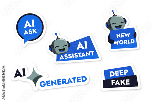 Set of vector stickers on the theme AI blue color with robot