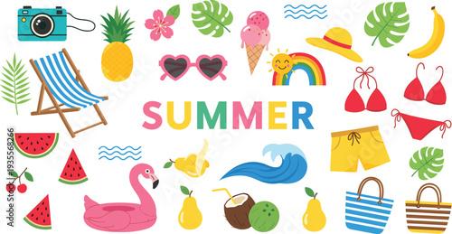 Colorful Summer Vacation Vector Illustration Set Featuring Beach Essentials Tropical Fruits Flamingo Float Camera Sunglasses And Swimwear Isolated On A Clean White Background