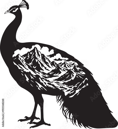Majestic Peacock Silhouette Filled With Mountain Landscape Scene
