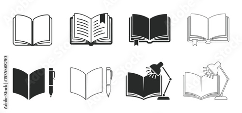 Collection of various book icons with pens and lamps for education and learning