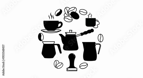 Black and white vector icons of coffee brewing tools and beans in a circle