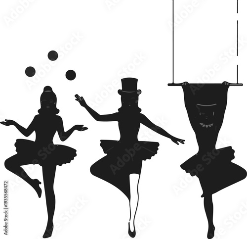 Three circus performers, one juggling balls, another in a top hat, one hanging