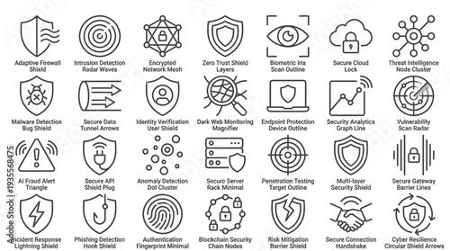 Collection of security and technology icons representing various concepts and ideas in a simple line art style on a white background