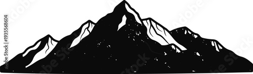 A stark black and white silhouette of jagged mountain peaks under a white sky