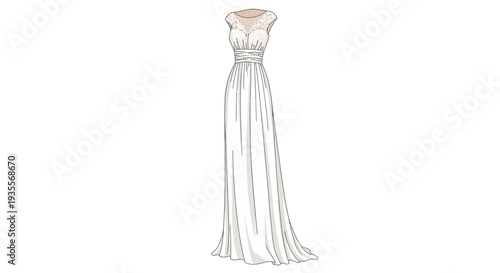 White Elegant Evening Gown Fashion Illustration.