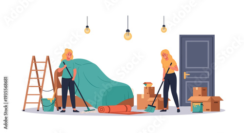 Two workers cleaning a room with a car covered in a green sheet and cardboard boxes around.