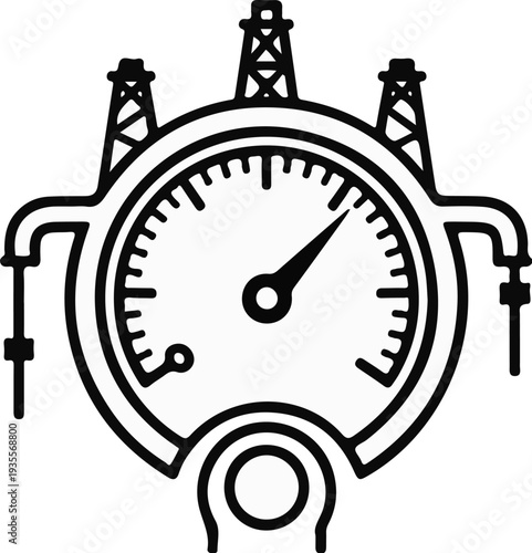 Industrial gauge with oil derricks and piping, black and white