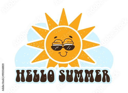Hello Summer inscription, Sun in glasses