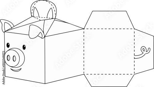 Adorable pig-shaped printable box template with ears and tail
