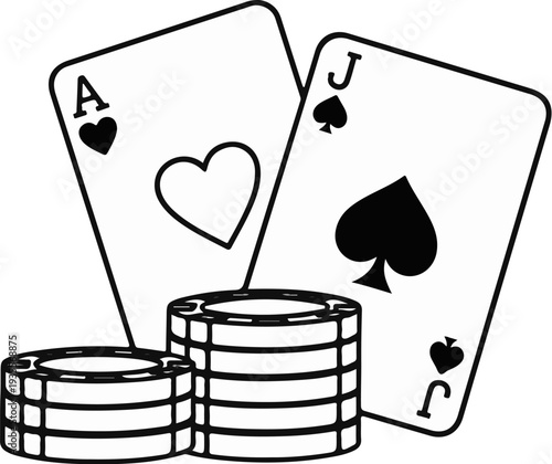 Ace and jack of cards with poker chips