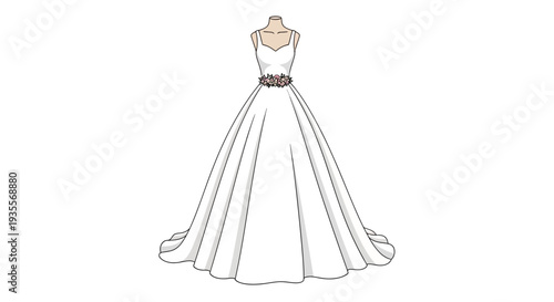 White Wedding Dress Illustration with Belt.