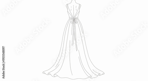 Elegant Wedding Dress Line Art Illustration.