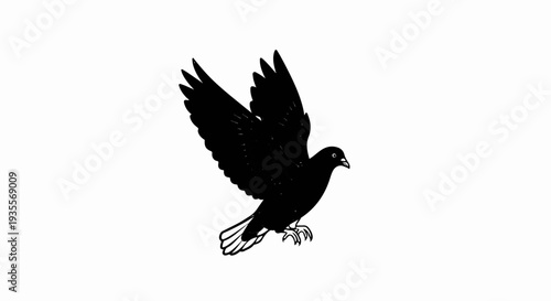 Black silhouette of a pigeon in mid-flight with outstretched wings and legs