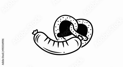 Black outline of a sausage and pretzel on a white background