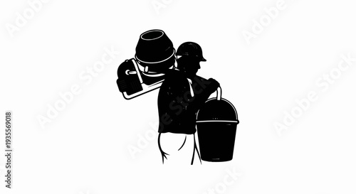 Construction worker with cement mixer and bucket