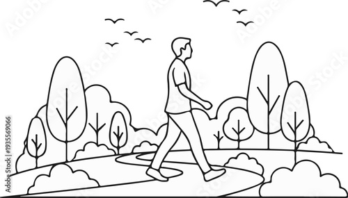 Line drawing of a person walking along a path in a park with trees and birds