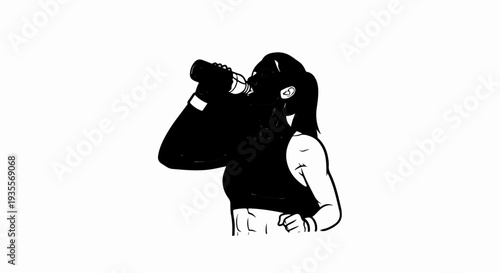 Athletic person in black tank top drinks from bottle, toned physique