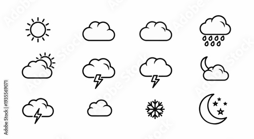 Icons depicting various weather conditions sun, clouds, rain, lightning, moon, stars, and snow