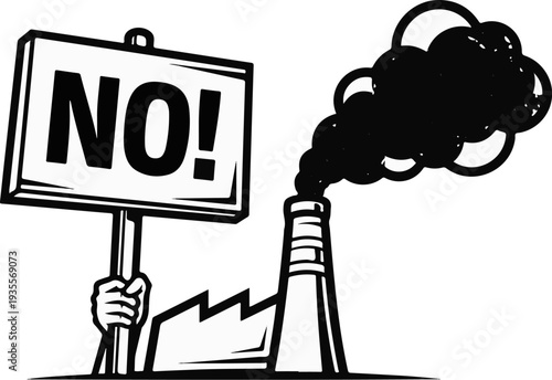 Hand holding a sign that says NO! next to a smoking factory chimney