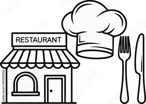 Restaurant building, chef hat, fork, and knife icons