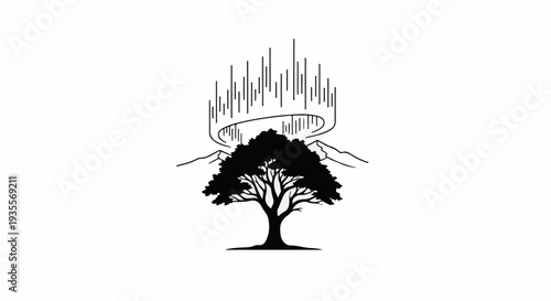 Silhouette of a tree against mountains and aurora borealis