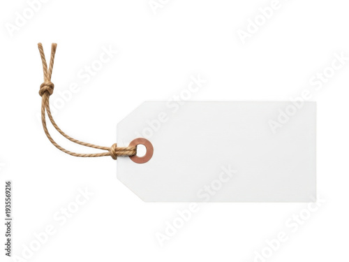 Blank white gift tag with brown string isolated on transparent background
