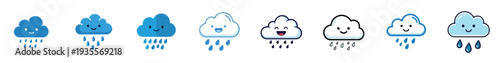 A smiling cloud with raindrops, flat design, single cute design, vector illustration, plain white background, solid blue palette.