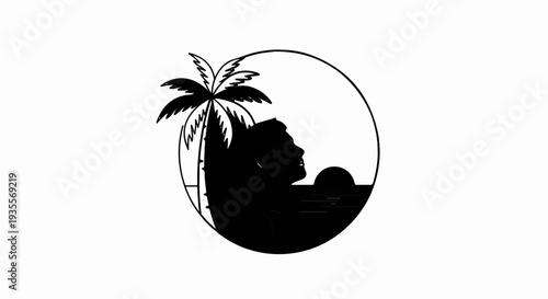 Silhouette of a person looking at the sunset with a palm tree