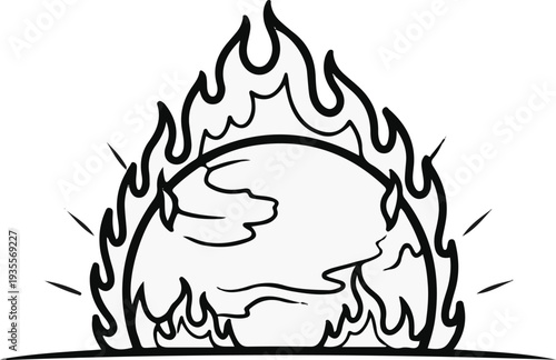 A simplified, black and white drawing of a planet engulfed in flames