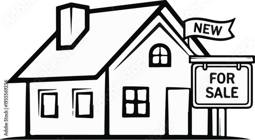Simple black and white line drawing of a house with "NEW" and "FOR SALE" signs