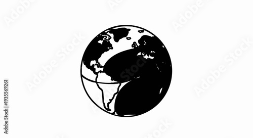 Stylized black and white depiction of planet Earth with continental masses