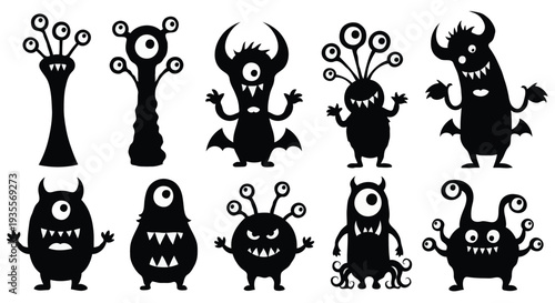 Collection of Cute Alien Monster Silhouettes with Multiple Eyes