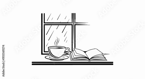A hot cup of coffee and an open book sit on a windowsill during a rain shower