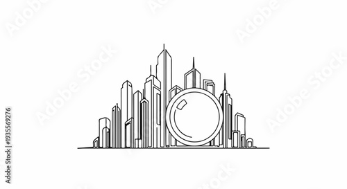 Stylized cityscape with a large lens or circle in the center