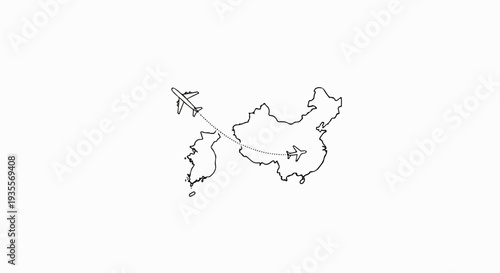 Two airplanes traverse a dotted path connecting China and Korea