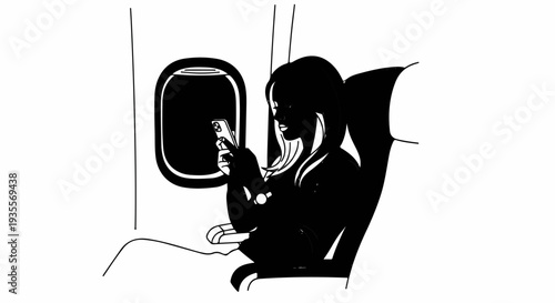 Woman using smartphone on airplane, looking out window