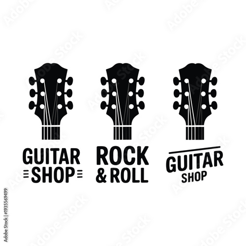 Guitar headstock with guitar shop and rock and roll text music vector illustration isolated on white background.