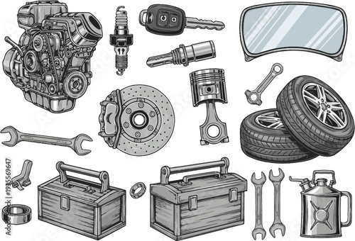 Car Engine Parts and Tools: Detailed Illustration of Automotive Mechanics, Wrench, Tire, Spark Plug, and Toolbox