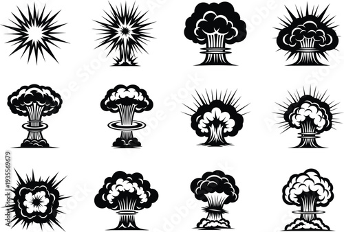 Dramatic black and white illustrations of mushroom clouds from nuclear explosions and energetic bursts, symbolizing destruction and power.