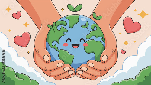 Smiling earth globe held by hands with hearts and leaves symbolizing environmental love and care