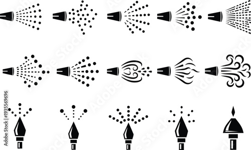 Set of icons representing different spray patterns and liquid dispersal from nozzles, useful for design related to fluid dynamics and spraying.