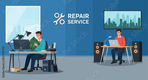 Flat illustration of two technicians working at desks with computer equipment in a repair service office.